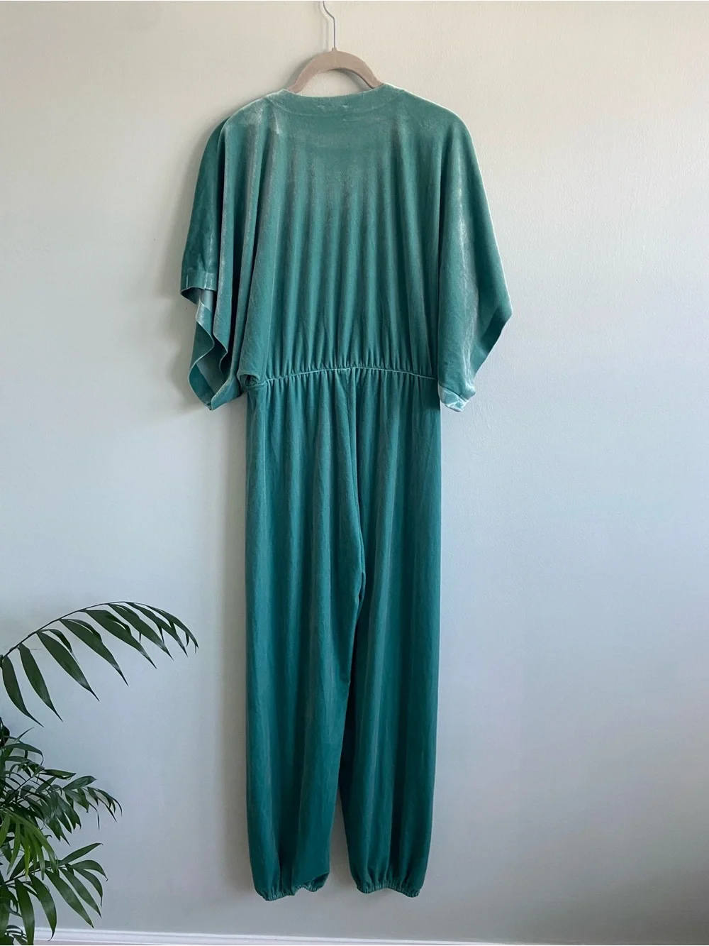 Norma Kamali Teal Velvet Plunge Jumpsuit with Dolman Sleeves